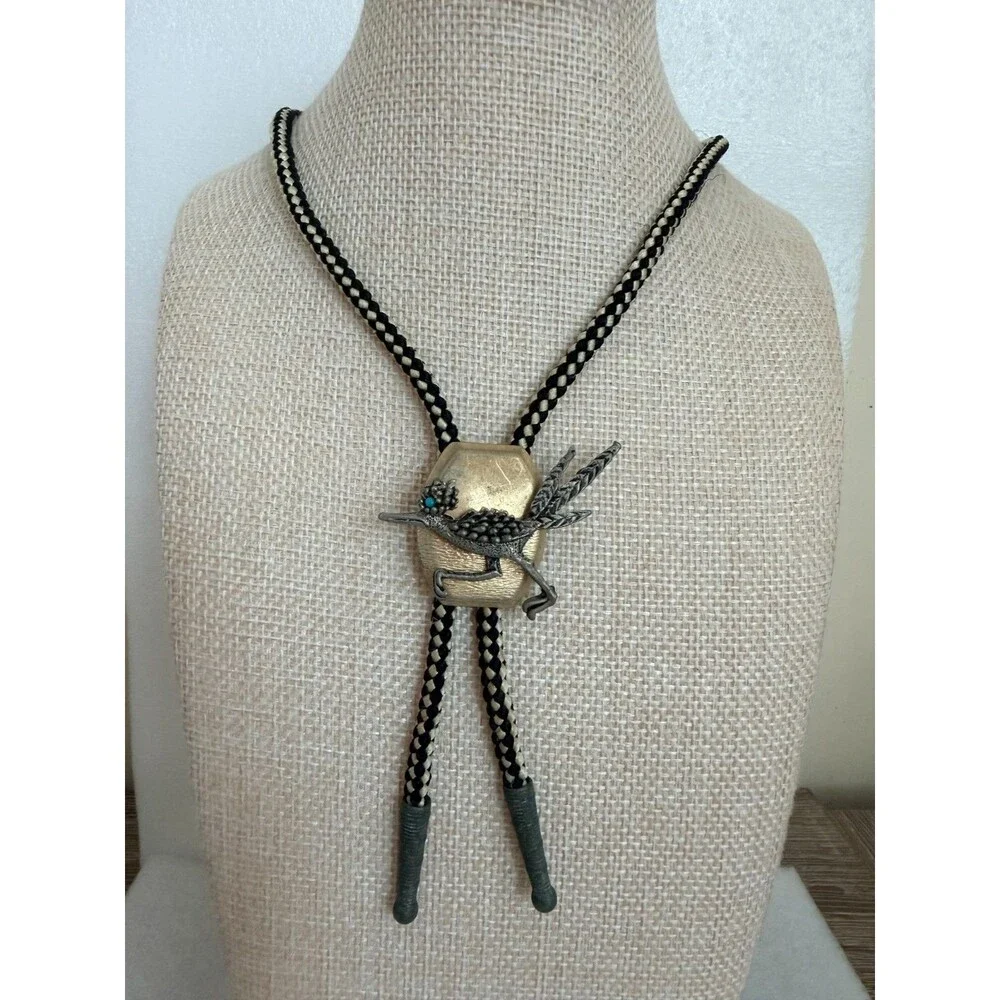 Vintage Southwestern Roadrunner Bolo Tie Turquoise Eye Black White Cord